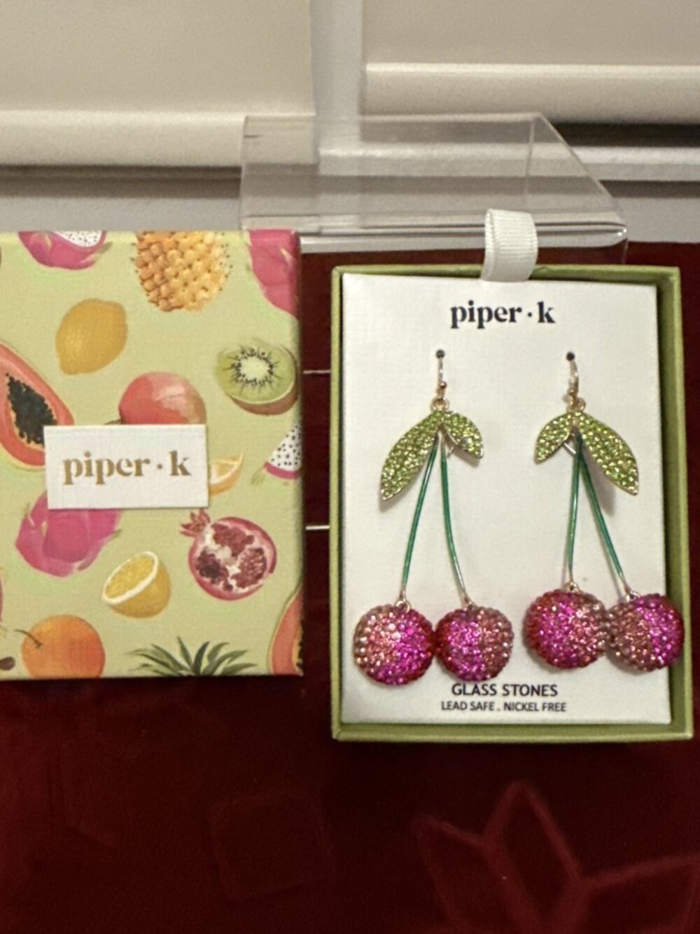 Piper K Rhinestone Sparkling Pink Glass Stone Cherry Drop Earrings New In Box